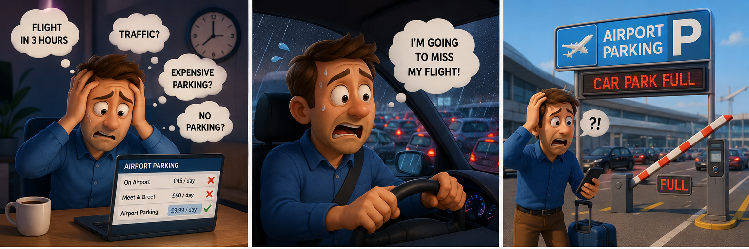 Stressed UK traveller facing Heathrow airport parking problems: heavy traffic on the way, expensive on-the-day parking, and a full car park barrier